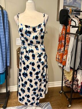 Topshop White Satin Dress with Blue and Black Print